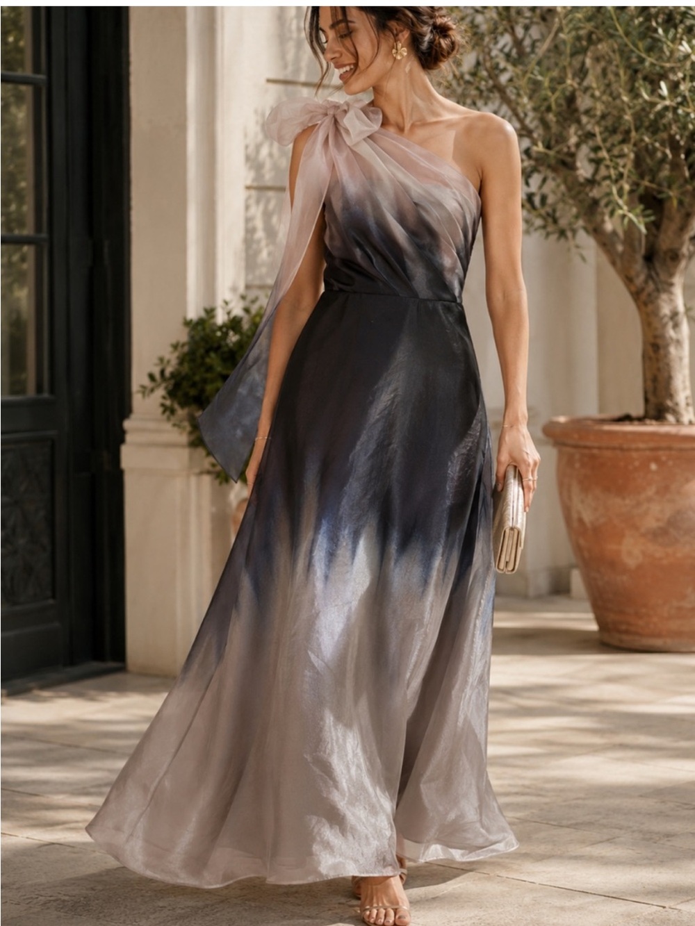 Kay Unger Victoria Ombré One Shoulder Satin Gown Dress